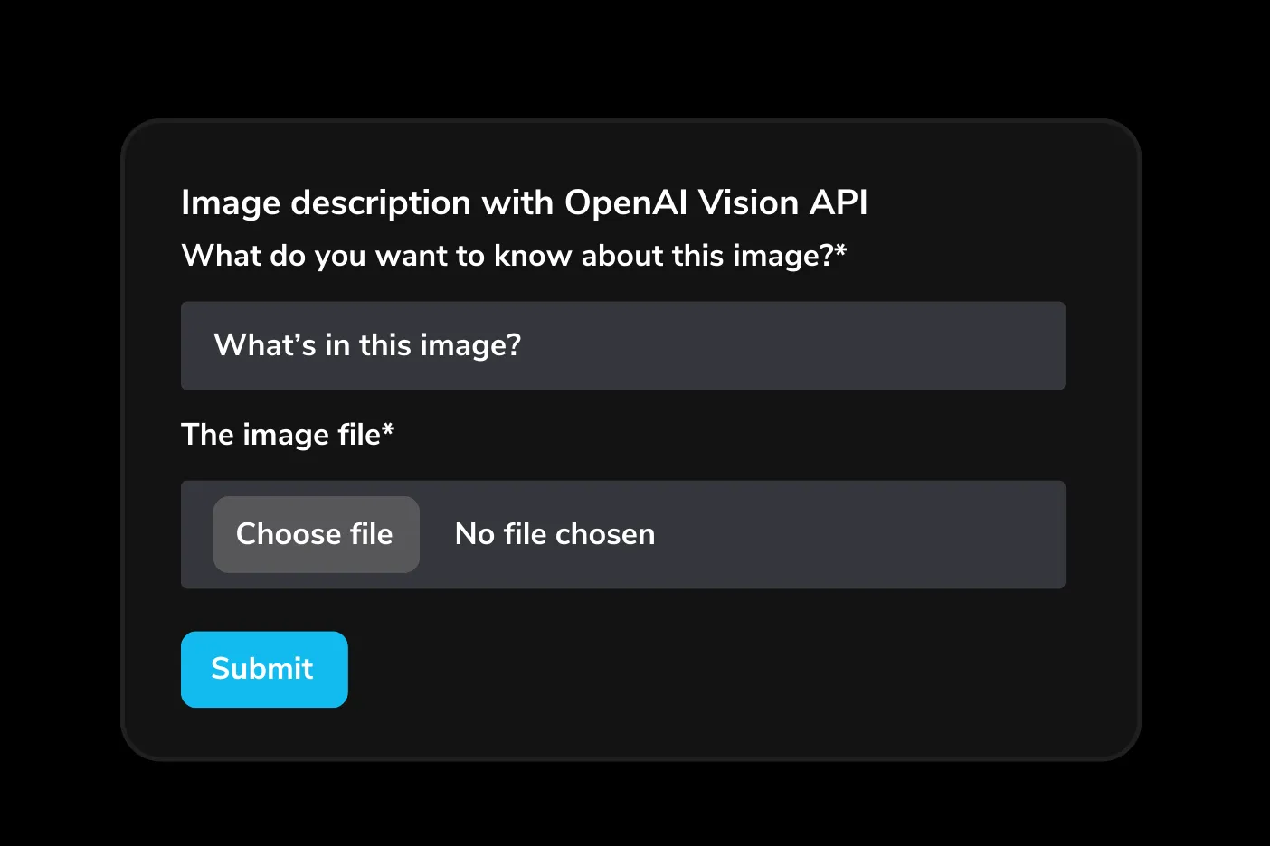 YepCode form embedded for Generating Image Description thanks to OpenAI